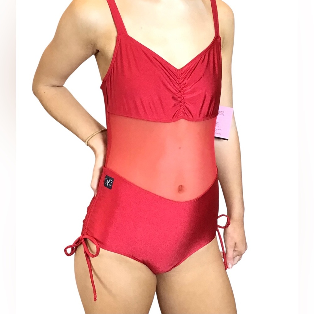 Kandi Kouture Dance Leotard Tm 6/7 Red Mesh Nwt High Waist Cutout